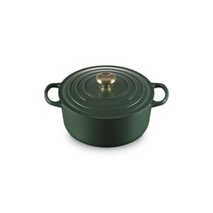 Le Creuset Signature Enameled Cast Iron Round Dutch Oven, 5.5 qt, Foret green with gold knob, white background