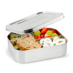 LunchBots Trio stainless steel 3-compartment bento container with stainless lid, white background