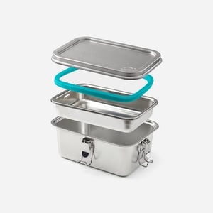 PlanetBox Explorer lunch box shown exploded - stainless lid, teal silicone gasket ring, removable steel inner tray, and outer steel box with two steel latches