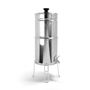 ProOne Big+ stainless steel gravity water filter with stand on white background