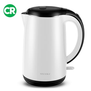 Secura SWK-1701 Original Double-Wall Stainless Steel Electric Kettle in white, cordless kettle on its power base