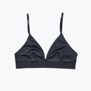 WAMA hemp triangle bralette in black, flat-lay front view