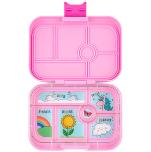 Yumbox Original leakproof bento lunch box, open, showing six compartments, pink with unicorn tray